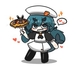 Rule 34 | 1girl, animal, beret, black thighhighs, blue eyes, blue hair, blush stickers, chibi, commentary request, crab, fins, fish tail, food, fuka-chan, full body, grin, hair between eyes, hat, heart, highres, long hair, looking at viewer, original, pizza, puffy short sleeves, puffy sleeves, shark tail, sharp teeth, shirt, short eyebrows, short sleeves, simple background, skirt, smile, solo, sparkle, spoken heart, standing, standing on one leg, tail, teeth, thick eyebrows, thighhighs, uni souchou, very long hair, white background, white hat, white shirt, white skirt
