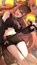 Rule 34 | 1girl, :d, aerial fireworks, alternate costume, bare legs, bare shoulders, black hat, black jacket, black nails, black shirt, black shorts, blurry, breasts, brown hair, chinese commentary, commentary request, crop top, depth of field, fang, feet out of frame, fireworks, flower, flower-shaped pupils, genshin impact, hair flaps, hanging lantern, hat, hat flower, highres, holding, holding microphone, hu tao (genshin impact), jacket, lantern, liu guniang, long hair, long sleeves, looking at viewer, microphone, microphone stand, navel, off shoulder, open clothes, open jacket, open mouth, paper lantern, plum blossoms, porkpie hat, red eyes, red flower, shirt, short shorts, shorts, sleeveless, sleeveless shirt, small breasts, smile, solo, stomach, symbol-shaped pupils, tassel, thighs, twintails, very long hair, vision (genshin impact), zipper, zipper pull tab