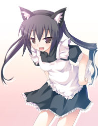 Rule 34 | 00s, 1girl, animal ears, apron, black hair, brown eyes, cat ears, dress, frilled dress, frills, hand on own hip, highres, hip focus, k-on!, long hair, maid, maid apron, nakano azusa, safi, simple background, solo, standing, twintails