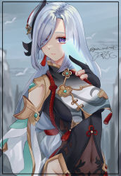 Rule 34 | 1girl, absurdres, black gloves, blue eyes, bodysuit, breast curtain, breasts, chinese clothes, clothing cutout, fingerless gloves, genshin impact, gloves, gnsn tukituki, grey hair, hair ornament, hair over one eye, highres, hip vent, holding, long hair, looking at viewer, shenhe (genshin impact), shoulder cutout, solo, stomach