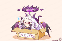 &gt;_&lt; 1girl ahoge benizika black_horns blue_archive blush box cardboard_box chibi demon_girl demon_horns demon_wings forehead gloves hair_ornament hairclip halo highres hina_(blue_archive) horns in_box in_container long_hair motion_blur multiple_horns nose_blush parted_bangs purple_eyes purple_wings signature simple_background solo speed_lines twitter_username very_long_hair watermark waving_arms white_hair wings