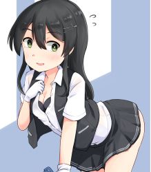 Rule 34 | 1girl, black bra, black hair, black skirt, black vest, bra, breasts, cleavage, commentary request, cowboy shot, dress shirt, flying sweatdrops, gloves, green eyes, hair ornament, hairclip, kantai collection, looking at viewer, medium breasts, okitarou (okiyo), open clothes, open shirt, oyashio (kancolle), pleated skirt, school swimsuit, shirt, short sleeves, skirt, solo, swimsuit, underwear, vest, white gloves, white shirt