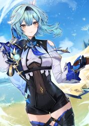 Rule 34 | 1girl, 1other, beach, black gloves, black hairband, blue cape, blue gloves, blue hair, blue necktie, blue sky, blush, boots, breasts, cape, chest harness, closed mouth, clothing cutout, commentary request, covered navel, cowboy shot, dandelion, day, eula (genshin impact), floating hair, flower, genshin impact, gloves, hair between eyes, hair ornament, hairband, hand grab, hand in own hair, harness, high-waist shorts, highres, long sleeves, looking to the side, medium breasts, medium hair, na (iru illust), necktie, shorts, shoulder cutout, sidelocks, sky, solo focus, thigh boots, thigh gap, two-tone gloves, vision (genshin impact), white sleeves, wide sleeves, wind, yellow eyes
