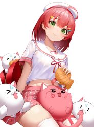 Rule 34 | &gt; &lt;, 1girl, :3, absurdres, bag, blush, cat, floral print, food, green eyes, hair ornament, hairclip, highres, holding, holding food, hololive, jitochi (sakura miko), kintoki (sakura miko), looking at viewer, midriff peek, pink cat, pink hair, pleated skirt, roina (effj7473), sailor collar, sakura miko, sakura miko (school uniform), school bag, school uniform, shirt, short hair, skirt, solo, tail, thighhighs, thighs, virtual youtuber, white background, white cat