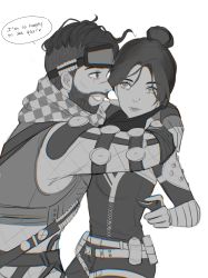 Rule 34 | 1boy, 1girl, animification, apex legends, apex legends: overtime, belt, bodysuit, breasts, checkered clothes, checkered scarf, commentary, english commentary, english text, facial hair, fingerless gloves, gloves, goatee, goggles, goggles on head, greyscale, hair bun, highres, hug, itsaboutspoons, medium breasts, mirage (apex legends), monochrome, nose piercing, open hand, piercing, scarf, scene reference, single hair bun, smile, speech bubble, thigh strap, wraith (apex legends)