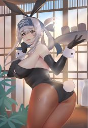 Rule 34 | 1girl, alternate costume, animal ears, ass, bad id, bad twitter id, bare shoulders, black leotard, blue eyes, blush, bow, bowtie, breasts, rabbit ears, rabbit tail, detached collar, elbow gloves, fake animal ears, folded ponytail, gloves, hair between eyes, headband, highres, kamoi (kancolle), kantai collection, large breasts, leotard, looking at viewer, looking back, open mouth, pantsu majirou, pantyhose, plant, playboy bunny, playboy bunny, sideboob, sidelocks, strapless, strapless leotard, tail, tray, white hair, window, wrist cuffs