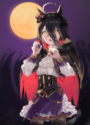Rule 34 | 1girl, :o, ahoge, amano kokoko, animal ears, ascot, black cloak, black hair, claw pose, cloak, dress, fang, frilled dress, frills, full moon, hair between eyes, halloween, halloween costume, hands up, hat, highres, horse ears, horse girl, horse tail, long hair, long sleeves, looking at viewer, manhattan cafe (umamusume), mini hat, moon, multicolored clothes, nail polish, night, open mouth, outdoors, red nails, skin fang, solo, tail, thighhighs, tilted headwear, umamusume, vampire costume, white ascot, white hair, yellow eyes