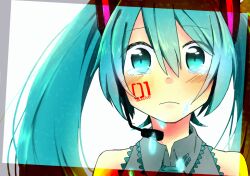 Rule 34 | 1girl, bare shoulders, blue eyes, blue hair, blue necktie, collared shirt, copyright name, crying, facial tattoo, frown, grey shirt, hair between eyes, hatsune miku, headset, necktie, number tattoo, shirt, solo, streaming tears, tattoo, teardrop, tears, twintails, vocaloid, wavy mouth, yuzuta