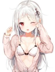 Rule 34 | 1girl, black bow, black ribbon, blush, bow, bra, breasts, cardigan, clothing cutout, collarbone, hair bow, hair ribbon, hands up, heart cutout, highres, long hair, looking at viewer, medium breasts, niito, off shoulder, one eye closed, open mouth, original, red eyes, ribbon, rubbing eyes, silver hair, simple background, solo, underwear, upper body, white background, white bra