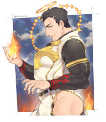 Rule 34 | 1boy, absurdres, artist name, bara, black bodysuit, black hair, bodysuit, bulge, clothing cutout, cropped legs, facial hair, fire, flaming halo, from side, halo, highres, looking at viewer, male focus, manami (fearfac666), muscular, pelvic curtain, short hair, skin tight, solo, stubble, thick thighs, thigh cutout, thighs, tokyo houkago summoners, yellow eyes, zabaniyya (housamo)