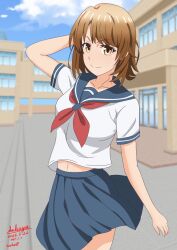 Rule 34 | 1girl, alternate costume, arm behind head, arm up, blue sailor collar, blue skirt, blue sky, blurry, blurry background, breasts, brown eyes, brown hair, building, closed mouth, cloud, cloudy sky, dated, day, depth of field, isshiki iroha, looking at viewer, medium breasts, navel, neckerchief, outdoors, pleated skirt, red neckerchief, sailor collar, sakayaya, school uniform, serafuku, shirt, short sleeves, signature, skirt, sky, smile, solo, white shirt, window, yahari ore no seishun lovecome wa machigatteiru.