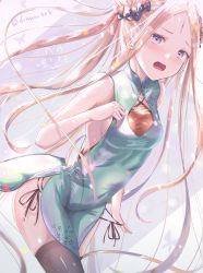 Rule 34 | 1girl, abigail williams (fate), bare shoulders, black bow, blonde hair, blue eyes, blush, bow, breasts, china dress, chinese clothes, dress, fate/grand order, fate (series), forehead, grey thighhighs, hair bow, highres, kinom (sculpturesky), long hair, looking at viewer, multiple hair bows, open mouth, orange bow, parted bangs, pelvic curtain, side slit, sidelocks, small breasts, thighhighs, thighs, white dress