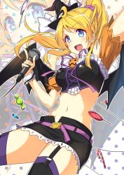 Rule 34 | &gt;:d, 10s, 1girl, :d, arm up, ayase eli, bat wings, belt, black skirt, blonde hair, blue eyes, breasts, candy, candy cane, clothing cutout, commentary request, crescent, crop top, cross-laced clothes, engawa (rarenago), food, garter straps, halloween, hat, highres, index finger raised, jack-o&#039;-lantern, lollipop, love live!, love live! school idol festival, love live! school idol project, medium breasts, microphone, midriff, miniskirt, navel, neck ribbon, open mouth, polka dot, polka dot background, ponytail, purple ribbon, ribbon, scrunchie, shoulder cutout, sidelocks, skirt, smile, solo, thighhighs, v-shaped eyebrows, wings, witch, witch hat, wrist cuffs, zoom layer