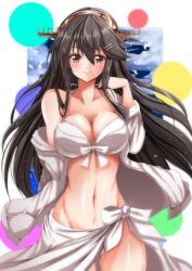 Rule 34 | 1girl, absurdres, bikini, black hair, breasts, cleavage, commentary request, cowboy shot, hairband, haruna (kancolle), headgear, highres, jacket, kantai collection, kentan (kingtaiki), large breasts, long hair, looking at viewer, lowleg, lowleg bikini, open clothes, open jacket, sarong, smile, solo, swimsuit, white bikini, white jacket, white sarong