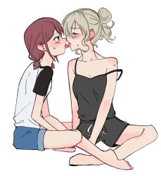 Rule 34 | 2girls, black camisole, black shorts, blue eyes, blue shorts, blush, breasts, brown hair, camisole, cleavage, closed eyes, commentary request, earclip, french kiss, girls band cry, grey hair, hair bun, highres, iseri nina, kawaragi momoka, kiss, korean commentary, low twintails, multicolored hair, multiple girls, nn naenn, open mouth, roots (hair), shirt, short hair, short sleeves, short twintails, shorts, simple background, single hair bun, sitting, strap slip, sweat, tongue, tongue out, twintails, white background, white shirt, yuri