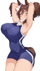 Rule 34 | 1girl, absurdres, animal ears, aqua eyes, armpits, arms behind head, arms up, blue one-piece swimsuit, blush, breasts, brown hair, closed mouth, commentary, competition school swimsuit, competition swimsuit, cowboy shot, fang, fox mask, highres, horse ears, horse girl, horse tail, inari one (umamusume), large breasts, looking at viewer, mask, medium hair, one-piece swimsuit, pirukusu, presenting armpit, school swimsuit, simple background, skin fang, smile, solo, swimsuit, tail, tracen swimsuit, twintails, umamusume, v-shaped eyebrows, white background