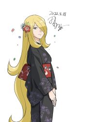 Rule 34 | 1girl, alternate costume, black kimono, blonde hair, closed mouth, commentary request, creatures (company), cynthia (pokemon), dated, eyelashes, flower, game freak, grey eyes, hair flower, hair ornament, hair over one eye, highres, japanese clothes, jewelry, kimono, long hair, nintendo, own hands together, pokemon, pokemon (anime), pokemon dppt (anime), red flower, red sash, ring, sash, signature, smile, solo, tamura (kouititamura), wavy hair, white background