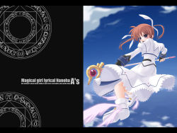 Rule 34 | 00s, 1girl, cloud, copyright name, day, fingerless gloves, frapowa, gloves, highres, letterboxed, lyrical nanoha, magic circle, magical girl, mahou shoujo lyrical nanoha, mahou shoujo lyrical nanoha a&#039;s, purple eyes, raising heart, raising heart (accel mode), red hair, shoes, sky, solo, takamachi nanoha, takamachi nanoha (sacred mode), twintails, wallpaper, winged footwear, wings
