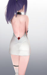 Rule 34 | 1girl, alice gear aegis, ass, back, backless dress, backless outfit, bare back, bare shoulders, black gloves, black panties, dress, facing away, from behind, gloves, gradient background, grey background, hand on own arm, highres, long hair, nikotama mai, panties, ponytail, purple hair, see-through, short dress, sidelocks, single thighhigh, solo, standing, sunga2usagi, sweat, thigh strap, thighhighs, underwear, white dress, white thighhighs