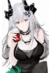 Rule 34 | 1girl, absurdres, arknights, black dress, breasts, choker, cleavage, cup, detached sleeves, dress, drinking glass, emiya negi, hair ornament, highres, holding, holding cup, jewelry, large breasts, long hair, mudrock (arknights), mudrock (obsidian) (arknights), necklace, official alternate costume, parted lips, pointy ears, red eyes, short sleeves, simple background, solo, upper body, white hair