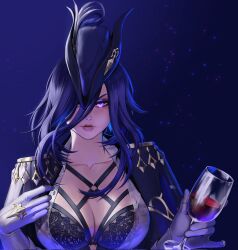 Rule 34 | 1girl, alcohol, blue cape, blue hair, blue hat, breasts, cape, cleavage, clorinde (genshin impact), collarbone, commentary, cup, dark background, dark blue hair, drinking glass, english commentary, epaulettes, genshin impact, gloves, hair between eyes, hair over one eye, hat, hat feather, highres, large breasts, lips, long bangs, long hair, looking at viewer, lunart, o-ring, open clothes, open shirt, purple eyes, shirt, solo, tricorne, unbuttoned, upper body, white gloves, white shirt, wine, wine glass