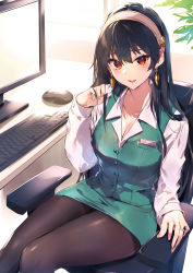 Rule 34 | 1girl, black hair, black pantyhose, blouse, blush, breasts, buttons, chair, cleavage, collared shirt, computer, earrings, furrowed brow, gold earrings, green skirt, green vest, hairband, hand up, highres, jewelry, kasumi komo, keyboard (computer), long hair, long sleeves, looking at viewer, medium breasts, monitor, mouse (computer), office chair, office lady, official alternate costume, pantyhose, parted lips, pencil skirt, red eyes, ring, shirt, sitting, skirt, smile, solo, spy x family, swivel chair, uniform, vest, white hairband, white shirt, yor briar