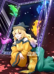 Rule 34 | 1girl, all fours, arm support, black footwear, blonde hair, blue background, blue fire, breasts, commentary request, detached sleeves, doorway, fire, gradient background, green fire, green skirt, hair between eyes, hat, highres, long hair, long sleeves, looking at viewer, matara okina, medium breasts, open mouth, popomu, purple fire, red background, shirt, skirt, sky, solo, star (sky), starry sky, tabard, touhou, white shirt, wide sleeves, yellow eyes
