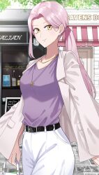 Rule 34 | 1girl, absurdres, belt, breasts, brown jacket, casual, day, earrings, highres, jacket, jewelry, juiz (undead unluck), long hair, medium breasts, necklace, outdoors, pants, pink hair, ponytail, purple shirt, shirt, shishiruto, smile, solo, standing, undead unluck, white pants, yellow eyes