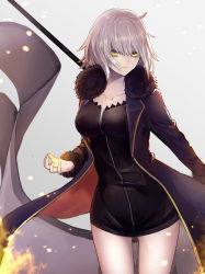 Rule 34 | 1girl, absurdres, ahoge, bad id, bad pixiv id, black dress, black jacket, breasts, closed mouth, collarbone, commentary request, cowboy shot, dress, fate/apocrypha, fate/grand order, fate (series), fur-trimmed sleeves, fur collar, fur trim, gluteal fold, grey background, hair between eyes, highres, jacket, jeanne d&#039;arc (fate), jeanne d&#039;arc alter (fate), jeanne d&#039;arc alter (ver. shinjuku 1999) (fate), long sleeves, medium breasts, official alternate costume, open clothes, open jacket, short hair, silver hair, simple background, solo, yellow eyes, yukihama