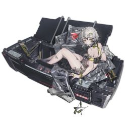 Rule 34 | adjustable wrench, ahoge, bag, barcode, bare shoulders, box, caution, croque (neural cloud), english text, expressionless, full body, game cg, girls&#039; frontline, girls&#039; frontline neural cloud, grey hair, hair ornament, hairclip, highres, in box, in container, jewelry, looking at viewer, looking back, no pants, official alternate costume, official art, plastic bag, ring, russian text, screwdriver, short hair, sitting, solo, strapless, tattoo, tools, transparent background, tube top, wrench, yellow eyes