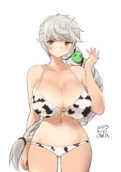 Rule 34 | 1girl, alternate costume, animal print, artist name, bare shoulders, braid, braided ponytail, breasts, cleavage, closed mouth, cow print, cowboy shot, dated, gluteal fold, grey hair, highres, huge breasts, kantai collection, long hair, looking at viewer, midriff, navel, o-ring, o-ring top, one-hour drawing challenge, owa (ishtail), ponytail, simple background, single braid, solo, unryuu (kancolle), very long hair, white background, yellow eyes