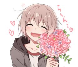 Rule 34 | 1girl, :d, ^ ^, aoba moca, bang dream!, bouquet, closed eyes, closed eyes, facing viewer, flower, grey hair, grey jacket, heart, holding, holding bouquet, hood, hood down, hooded jacket, jacket, open mouth, pink flower, re ghotion, shirt, short hair, simple background, smile, solo, upper body, white background, white shirt