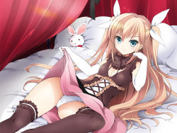 Rule 34 | 1girl, akina tsukako, bed, black thighhighs, blonde hair, blue eyes, breasts, cleavage, clothes lift, elbow gloves, gloves, hair ribbon, indoors, lace, lace-trimmed legwear, lace trim, long hair, looking at viewer, original, panties, pillow, pink skirt, ribbon, skirt, skirt lift, small breasts, smile, solo, tachi-e, thighhighs, two side up, underwear, white gloves, white panties, white ribbon