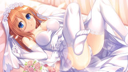 Rule 34 | 1girl, bed, bed sheet, blue eyes, breasts, bridal veil, cleavage, commentary request, dress, elbow gloves, flower, gloves, go-toubun no hanayome, hair between eyes, hand on own stomach, lace, lace-trimmed legwear, lace trim, legs up, long hair, looking at viewer, lying, medium breasts, nakano miku, on back, orange hair, panties, petals, solo, strapless, strapless dress, thighhighs, umitonakai, underwear, veil, wedding dress, white dress, white panties, white thighhighs
