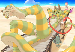 Rule 34 | 2girls, ?, alcohol, arms up, barefoot, beach, beer, breasts, chair, chameleon, claws, cloud, colored skin, desert, feet, glasses, green skin, horns, jon henry nam, lamia, lizard, long tongue, lounge chair, lying, monster, monster girl, multiple girls, nipples, nude, original, pussy, sand, shovel, soles, sunbathing, sunglasses, tail, tongue, tongue out, worktool, yellow eyes