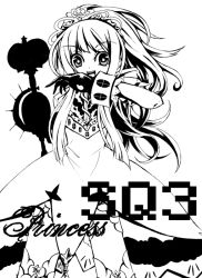 Rule 34 | 1girl, :d, covering own mouth, crown, dress, etrian odyssey, flat chest, gloves, greyscale, hand over own mouth, heart, lace, laughing, long hair, looking at viewer, monochrome, open mouth, princess (sekaiju), scepter, sekaiju no meikyuu, sekaiju no meikyuu 3, short dress, sidelocks, simple background, smile, solo, standing, star (symbol), thighhighs, tiara, very long hair, zettai ryouiki