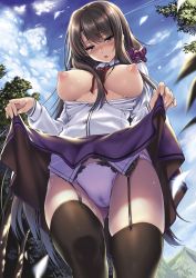 Rule 34 | 1girl, 2016, :d, :o, black thighhighs, blue sky, blush, breasts, breasts out, brown hair, buttons, cameltoe, clothes lift, cloud, cloudy sky, comic exe, dated, day, flashing, foreshortening, from below, garter belt, gluteal fold, hair ornament, hair over breasts, hair scrunchie, highres, lace, lace-trimmed panties, lace trim, large breasts, lifted by self, long hair, long sleeves, looking at viewer, medium breasts, nipples, no bra, open clothes, open mouth, open shirt, original, panties, piromizu, puffy nipples, purple eyes, scrunchie, shirt, sidelocks, skirt, skirt hold, skirt lift, sky, smile, solo, sweat, thighhighs, thighs, tree, underwear, very long hair, white panties, white shirt