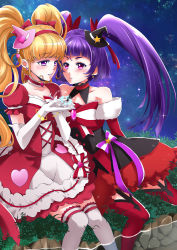 Rule 34 | 2girls, arakawa hiyori, asahina mirai, black hat, blonde hair, bow, choker, cure magical, cure magical (ruby style), cure magical ruby style, cure miracle, cure miracle (ruby style), cure miracle ruby style, dress, earrings, elbow gloves, frills, gem, gloves, hair bow, hairband, hat, izayoi liko, jewelry, long hair, looking at another, magical girl, mahou girls precure!, mini hat, mini witch hat, multiple girls, night, pink hat, precure, puffy sleeves, purple eyes, purple hair, red bow, red legwear, red skirt, riko (mahou girls precure!), ruby style, sitting, skirt, sky, smile, star (sky), starry sky, striped, striped bow, thighhighs, twintails, water, white gloves, white legwear, witch hat