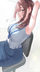 Rule 34 | 1girl, absurdres, arms behind head, blue eyes, braid, breasts, brown hair, chair, highres, inushima, large breasts, long hair, mole, mole under mouth, namek, office lady, original, pencil skirt, ribbed sweater, sitting, skirt, sleeveless, sleeveless sweater, solo, stretching, sweater