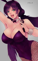 Rule 34 | 1girl, alva, animal ears, blush, breasts, cleavage, earrings, fake animal ears, fishnet pantyhose, fishnets, green eyes, highres, holding, holding microphone, jewelry, large breasts, leotard, long hair, looking at viewer, love live!, love live! school idol project, microphone, open mouth, pantyhose, playboy bunny, purple hair, rabbit ears, smile, solo, teeth, tojo nozomi, twintails