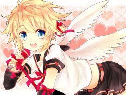 Rule 34 | 1boy, bad id, bad pixiv id, blonde hair, blue eyes, crossdressing, earrings, feathered wings, hair ribbon, highres, jewelry, kagamine len, leeannpippisum, male focus, microphone, open mouth, otoko no ko memorable (vocaloid), ribbon, short hair, skirt, trap, vocaloid, wings