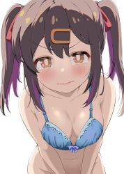 1girl bare_shoulders blue_bra blush bottomless bra breasts brown_eyes brown_hair closed_mouth covering_crotch covering_privates female_focus highres looking_at_viewer medium_breasts multicolored_hair onii-chan_wa_oshimai! oyama_mihari purple_hair solo tears twintails two-tone_hair underwear white_background