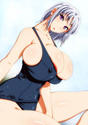 Rule 34 | 1girl, 286c, :o, breasts, bursting breasts, covered erect nipples, female focus, highres, huge breasts, looking at viewer, one-piece swimsuit, original, purple eyes, school swimsuit, shiny skin, silver hair, sitting, solo, swimsuit, thick thighs, thighs