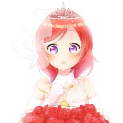 Rule 34 | 1girl, blurry, blush, bouquet, brooch, clenched hand, depth of field, flower, fur collar, gem, glint, gloves, hand on own chest, jewelry, looking at viewer, love live!, love live! school idol festival, love live! school idol project, medium hair, nishikino maki, pimi (ringsea21), purple eyes, red flower, red hair, red rose, rose, red gemstone, simple background, solo, tiara, upper body, veil, white background, white gloves