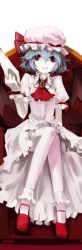 Rule 34 | 1girl, absurdres, ascot, blue hair, chair, female focus, hat, hat ribbon, highres, long image, open mouth, puffy sleeves, red eyes, remilia scarlet, ribbon, saberiii, short hair, short sleeves, sitting, smile, solo, tall image, touhou, wrist cuffs