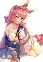 Rule 34 | 1girl, aki663, animal ears, bare shoulders, blue eyes, blush, braid, breasts, granblue fantasy, long hair, looking at viewer, nipples, off shoulder, parted lips, pink hair, see-through, simple background, tien (granblue fantasy), twin braids, very long hair, white background