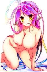 Rule 34 | 10s, 1girl, absurdres, blush, breasts, spiked halo, halo, highres, jibril (no game no life), large breasts, long hair, looking at viewer, magic circle, mimi0846, nipples, no game no life, nude, pink hair, smile, solo, yellow eyes