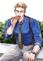 Rule 34 | 1boy, animal print, blonde hair, blue eyes, blue shirt, collared shirt, eating, food, goggles, grey pants, highres, holding, holding food, jujutsu kaisen, long sleeves, looking at viewer, male focus, nanami kento, necktie, open mouth, outdoors, pants, sandwich, shirt, short hair, sitting, sleeves rolled up, solo, suspenders, teeth, watch, yellow necktie, yuu (1969loy)