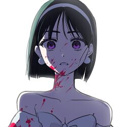 Rule 34 | 1girl, alien stage, bare shoulders, black hair, blood, blood on clothes, blood on face, bow, detached sleeves, dress, dress bow, earrings, hairband, highres, jewelry, jj1105, short hair, simple background, solo, sua (alien stage), sweat, white background, white bow, white dress, white hairband, wispy bangs