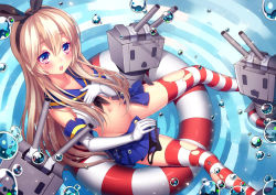 Rule 34 | 10s, 1girl, anchor, anchor hair ornament, bad id, bad pixiv id, black panties, blonde hair, blush, bubble, elbow gloves, flat chest, gloves, hair ornament, hairband, innertube, kantai collection, long hair, open mouth, panties, personification, rensouhou-chan, ripples, shimakaze (kancolle), solo, sougishi ego, striped clothes, striped thighhighs, swim ring, thighhighs, torn clothes, torn thighhighs, underwear, undressing, unworn panties, white gloves